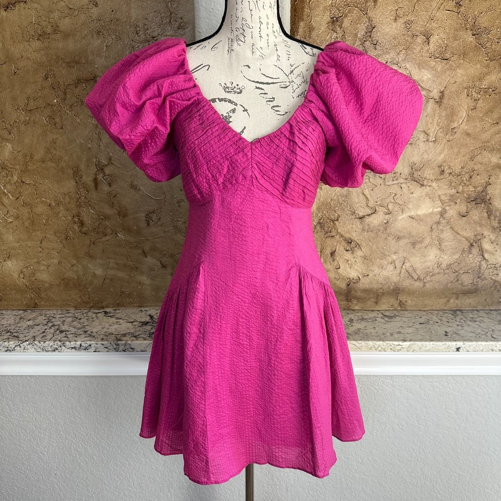 Frame Puff Sleeve‎ Mini Dress Women's S Pink Textured Fit & Flare Cocktail